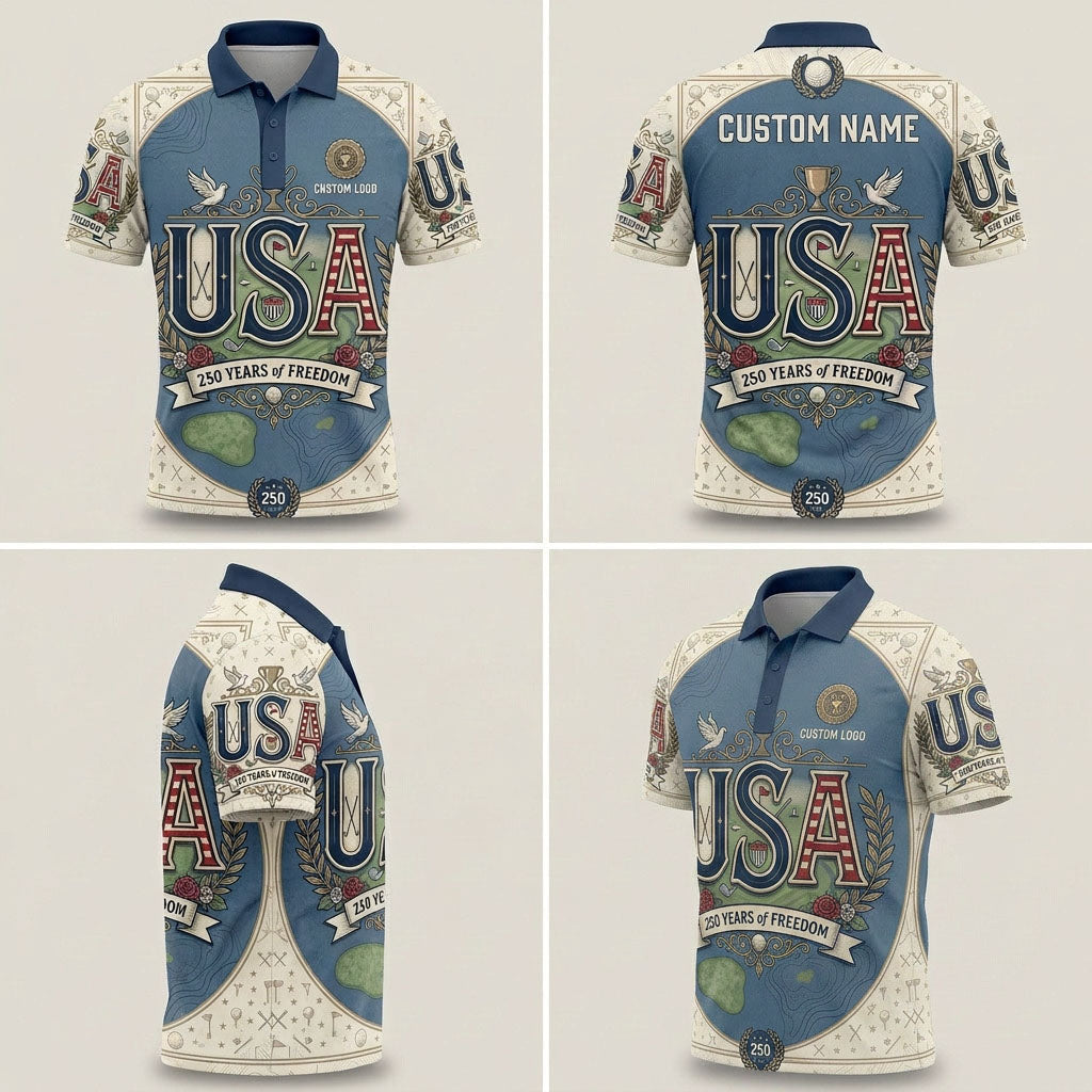 Multi-angle product display grid showcasing the front, back, sleeve details, and athletic fit of the 250 Years custom polo shirt.