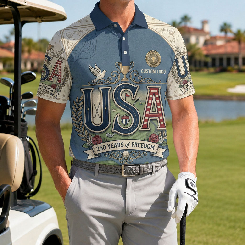 A male golfer wearing the customized USA Eagle 250 Years polo shirt on a lush green golf course fairway preparing to swing.