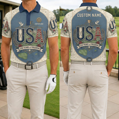 Front and back view of a personalized USA Eagle golf polo shirt featuring a 250th anniversary liberty crest and player name.