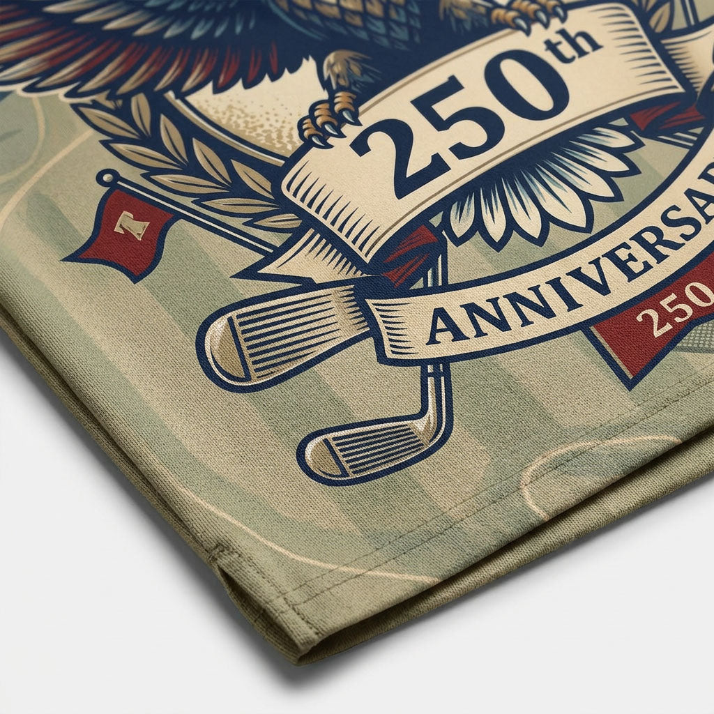 Close-up shot of the stunning printed bald eagle and 250th Anniversary banner details on a performance golf polo shirt.