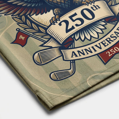 Close-up shot of the stunning printed bald eagle and 250th Anniversary banner details on a performance golf polo shirt.