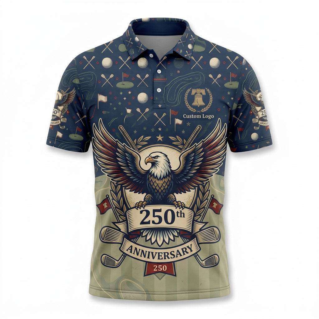 Front view of a navy ombre USA Eagle 250th Anniversary golf polo shirt with custom badge text options.