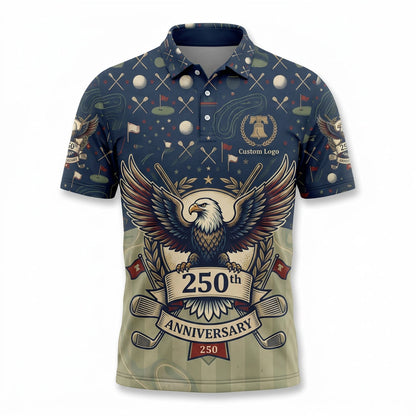 Front view of a navy ombre USA Eagle 250th Anniversary golf polo shirt with custom badge text options.