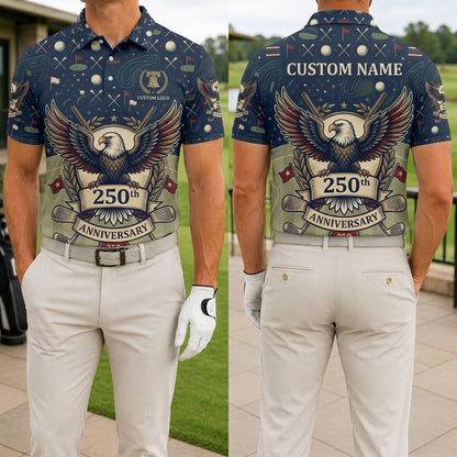 Front and back view of a personalized USA Eagle 250th Anniversary golf polo shirt with player name space on the back.