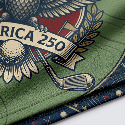 Close-up shot of the high-definition printed patriotic bald eagle crest, big golf ball emblem, and America 250 ribbon text.
