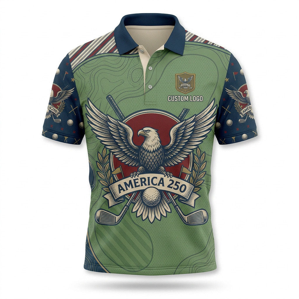Front view of a sage green USA Eagle America 250 golf polo shirt with custom player name option badge.