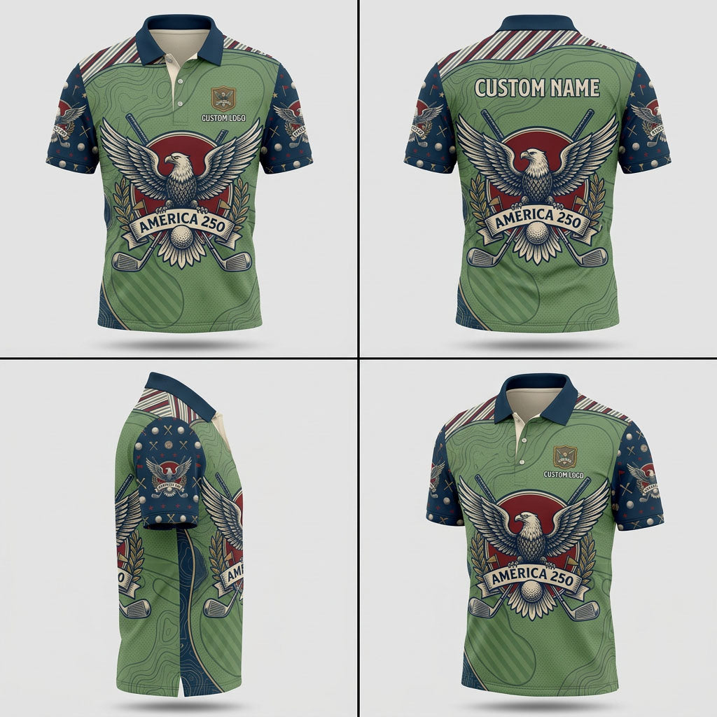 Multi-angle product display grid showcasing the front, back, topographic design lines, and athletic tailored fit of the polo.