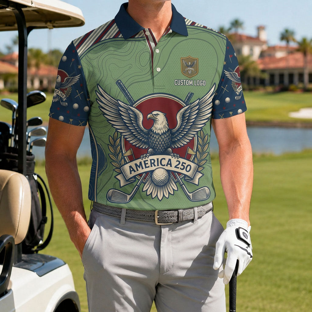 A male golfer wearing the customized USA Eagle America 250 sage polo standing proudly on a premium country club fairway green.