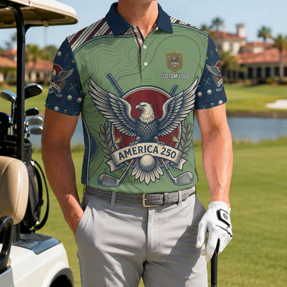 A male golfer wearing the customized USA Eagle America 250 sage polo standing proudly on a premium country club fairway green.