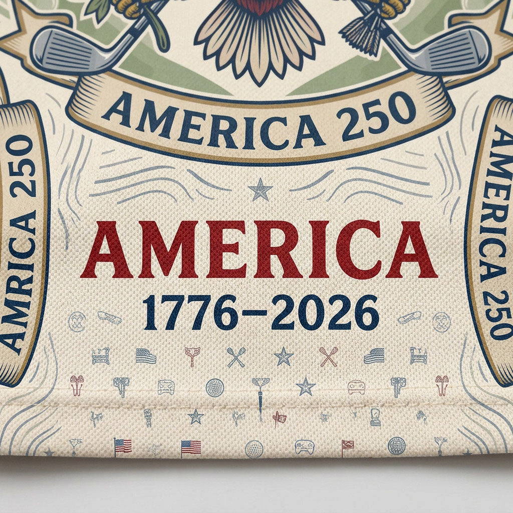 Close-up shot of the high-definition printed patriotic bald eagle crest and America 250 text on a premium polo shirt.
