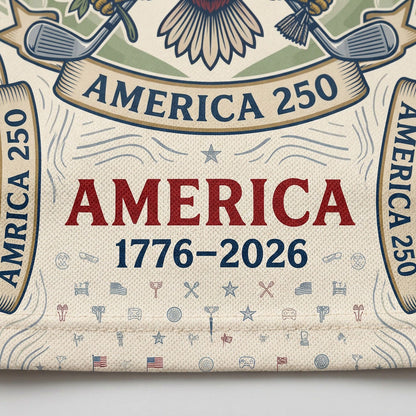 Close-up shot of the high-definition printed patriotic bald eagle crest and America 250 text on a premium polo shirt.