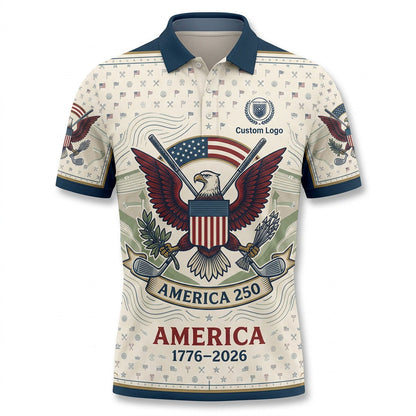 Front view of a cream and navy USA Eagle America 250 Years golf polo shirt with custom player name option badge.