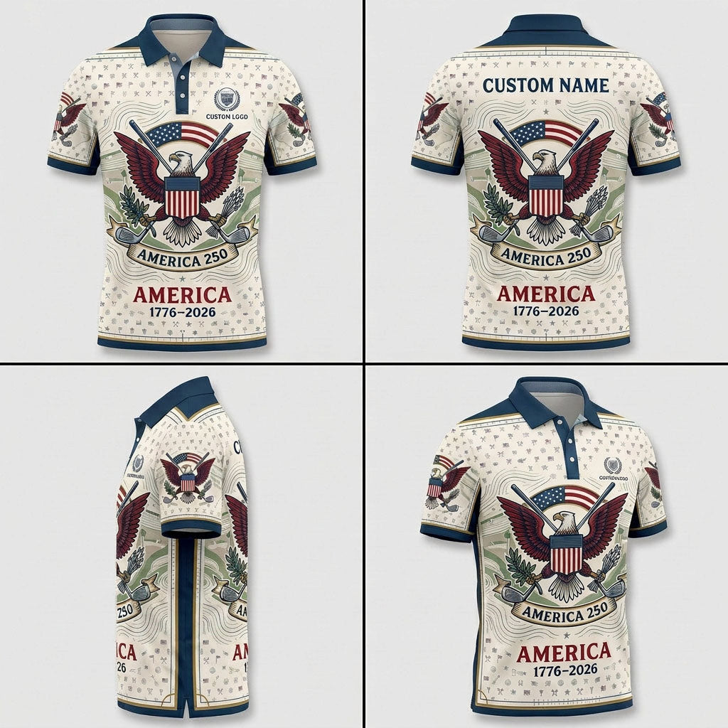 Multi-angle product display grid showcasing the front, back, sleeve emblem details, and athletic tailored fit of the polo shirt.