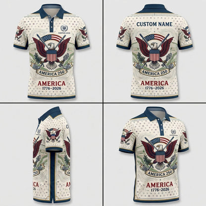 Multi-angle product display grid showcasing the front, back, sleeve emblem details, and athletic tailored fit of the polo shirt.