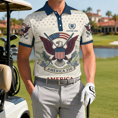 A male golfer wearing the customized USA Eagle 250 Years polo shirt standing proudly on a premium country club fairway green.