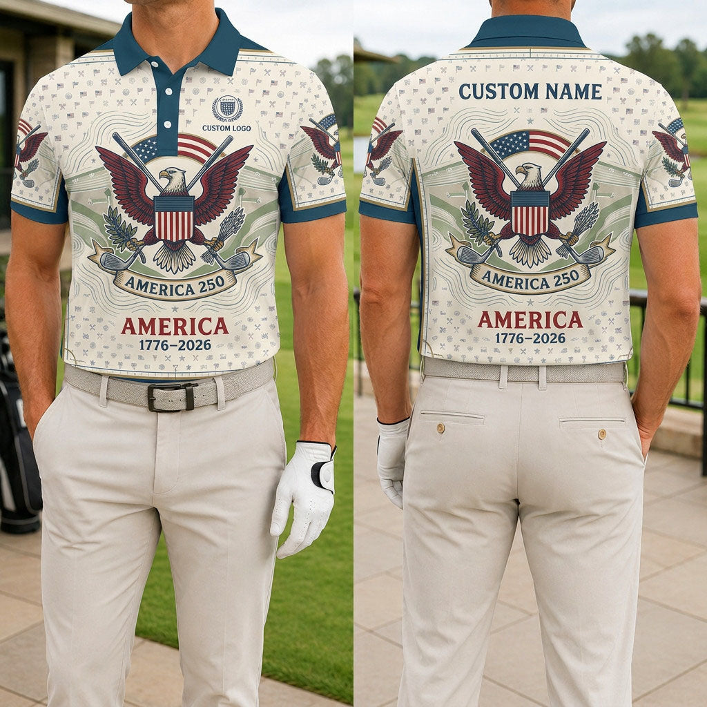 Front and back view of a personalized USA Eagle America golf polo shirt showing the custom name printing area on the back.