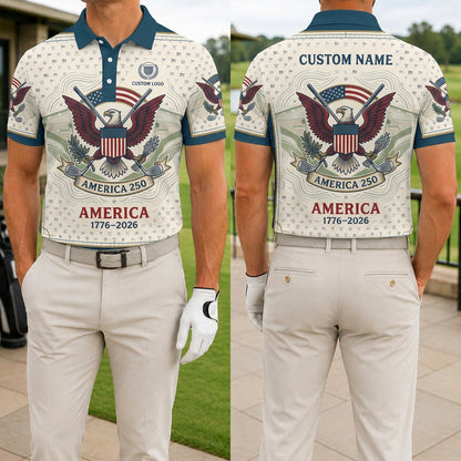 Front and back view of a personalized USA Eagle America golf polo shirt showing the custom name printing area on the back.