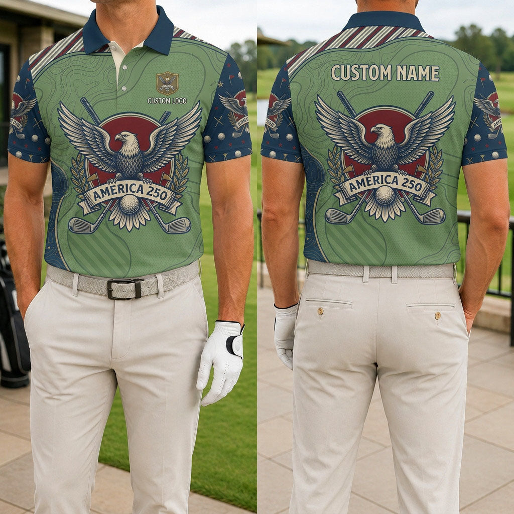 Front and back view of a personalized sage green USA Eagle polo shirt showing the custom name printing area on the back.