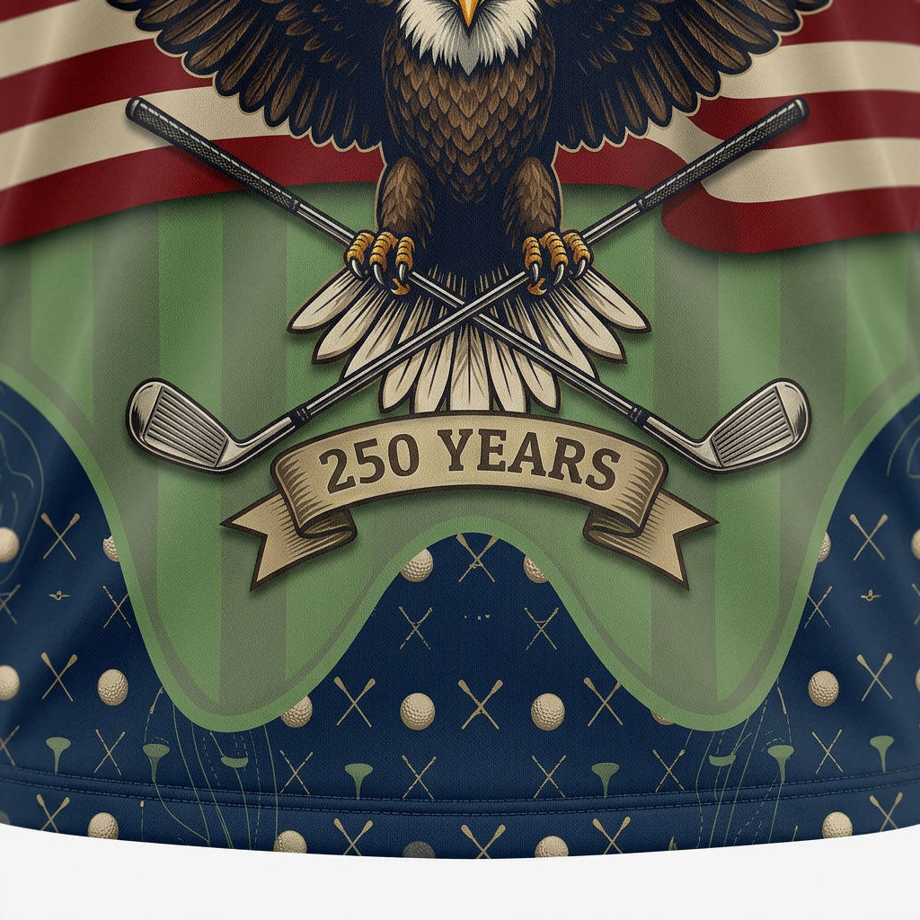 Close-up shot of the high-definition printed bald eagle crest, golf ball, flag green putting hole, and 250 Years ribbon text.
