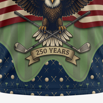 Close-up shot of the high-definition printed bald eagle crest, golf ball, flag green putting hole, and 250 Years ribbon text.