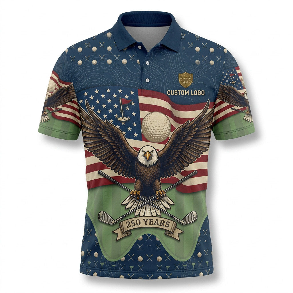 Front view of a flag and fairway green USA Eagle 250 Years golf polo shirt with custom player name option badge.