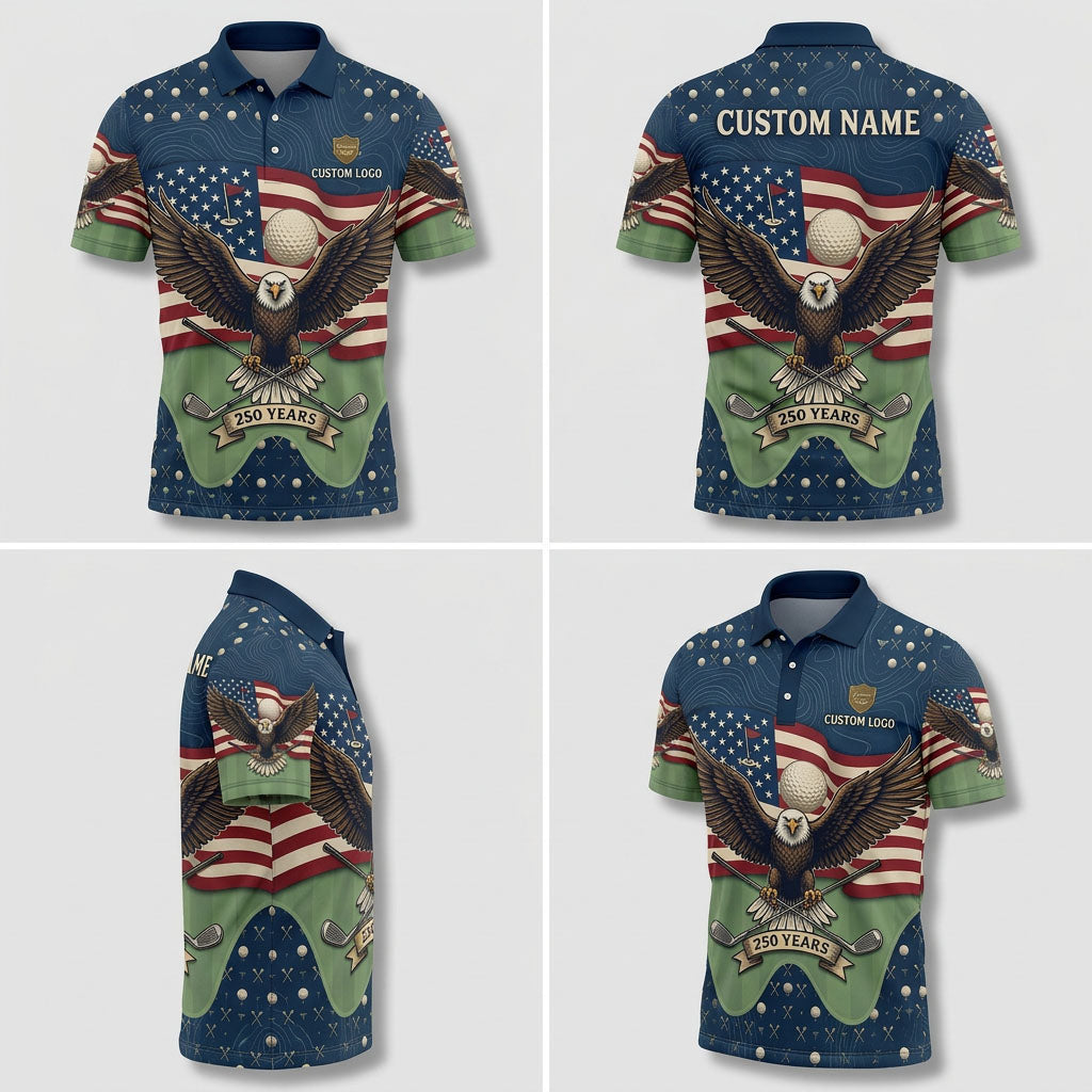 Multi-angle product display grid showcasing the front, back, american flag wavy layout, and athletic tailored fit of the polo.