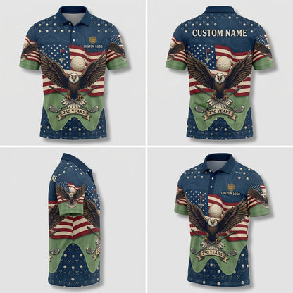 Multi-angle product display grid showcasing the front, back, american flag wavy layout, and athletic tailored fit of the polo.