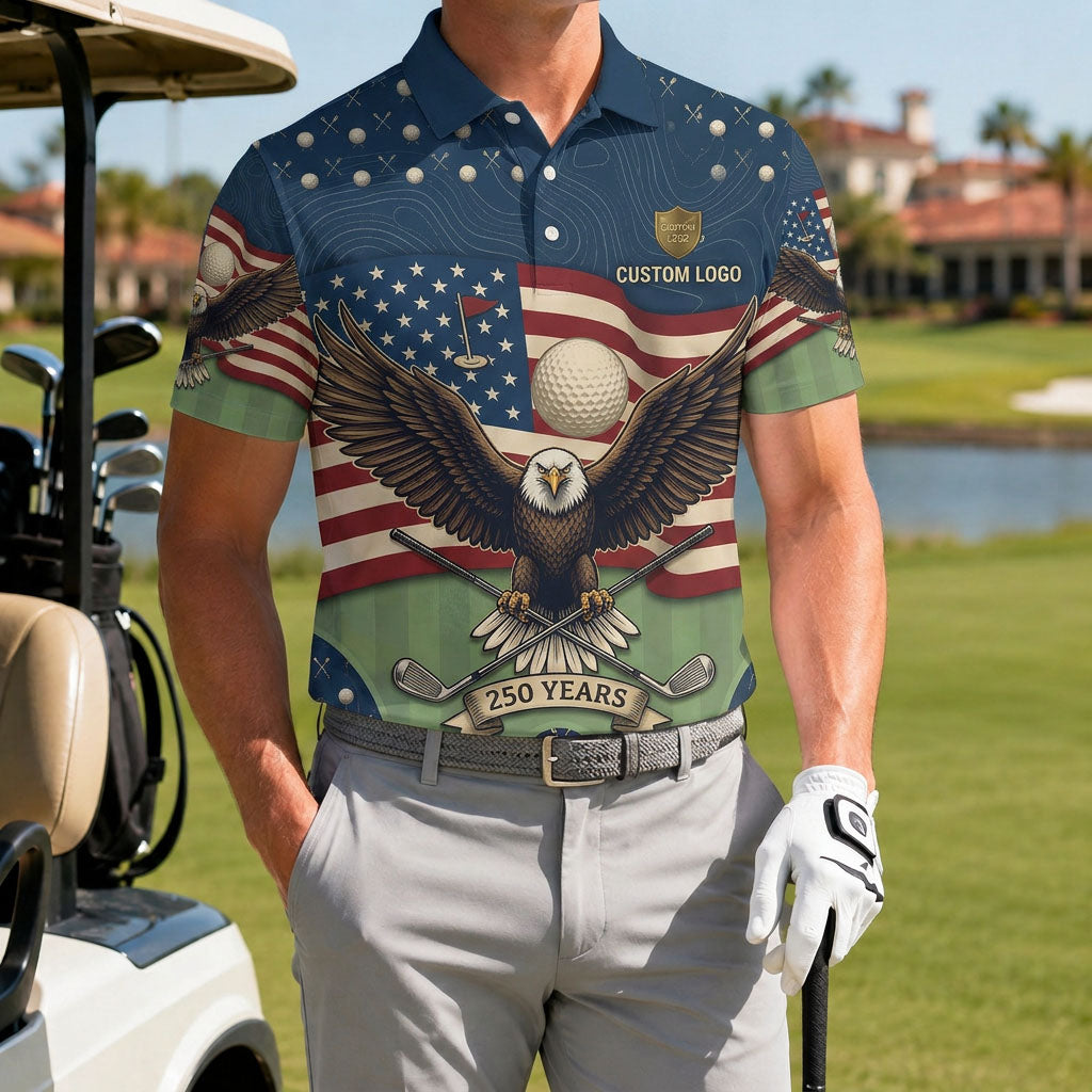 A male golfer wearing the customized USA Eagle Flag Fairway 250 Years polo standing proudly on a premium country club fairway green.
