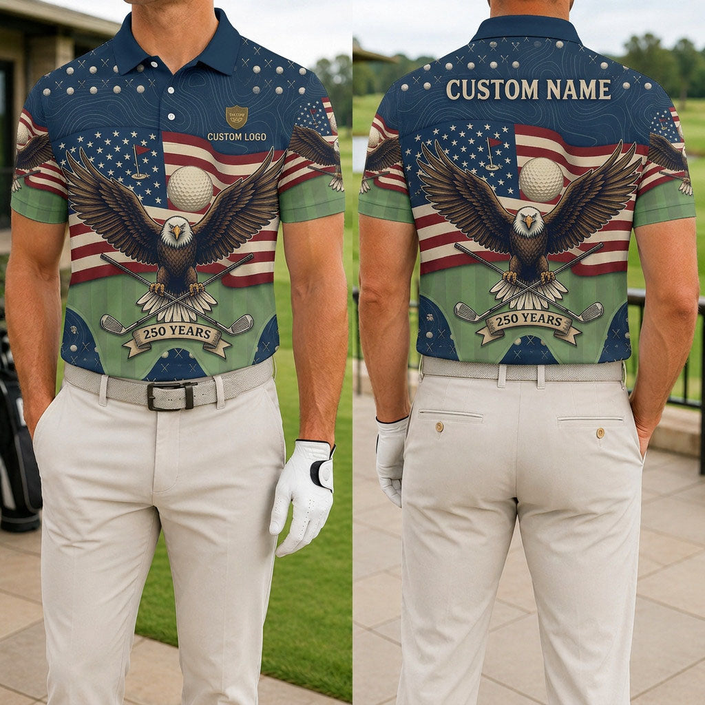 Front and back view of a personalized USA Eagle Flag Fairway polo shirt showing the custom name printing area on the back.