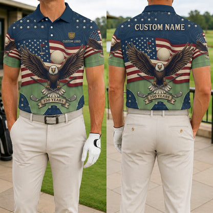 Front and back view of a personalized USA Eagle Flag Fairway polo shirt showing the custom name printing area on the back.