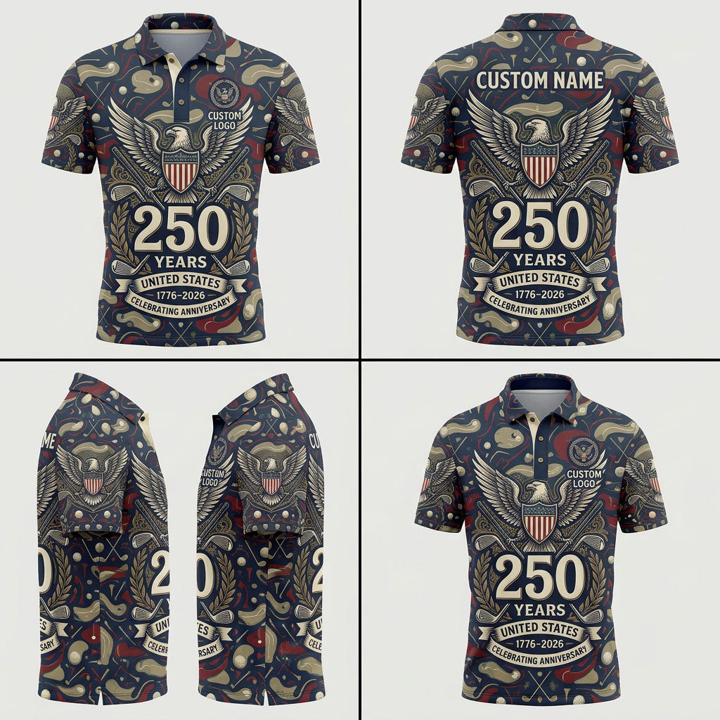 Multi-angle view of the USA Eagle designer golf polo for men