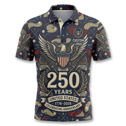 Flatlay presentation of the commemorative USA Eagle 250 golf polo shirt