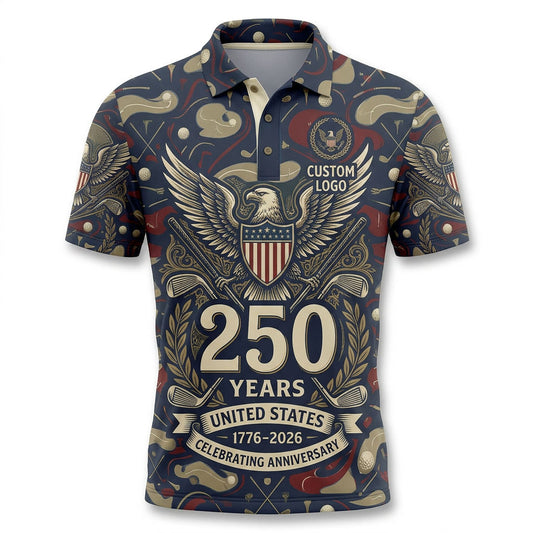 Flatlay presentation of the commemorative USA Eagle 250 golf polo shirt