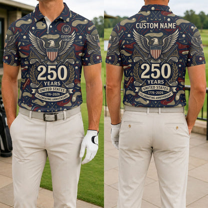 Front and back view of the USA Eagle 250th anniversary performance golf polo