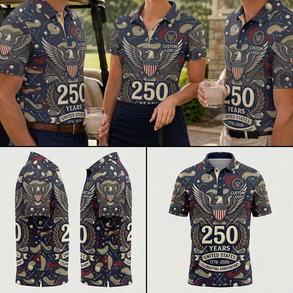 Group of golfers wearing commemorative eagle polo shirts at a country club