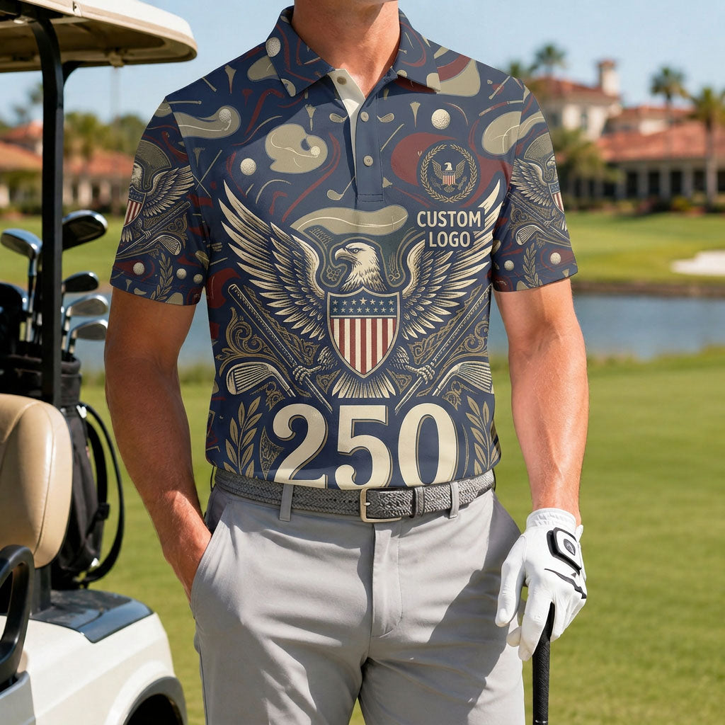 Golfer wearing the USA Eagle 250 performance polo on the golf course