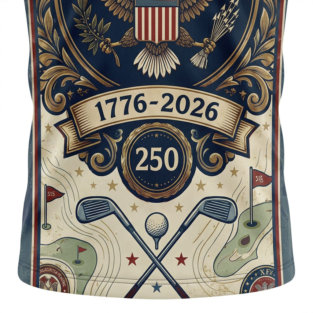 Detailed closeup of the majestic eagle emblem and 250 years embroidery on polo fabric