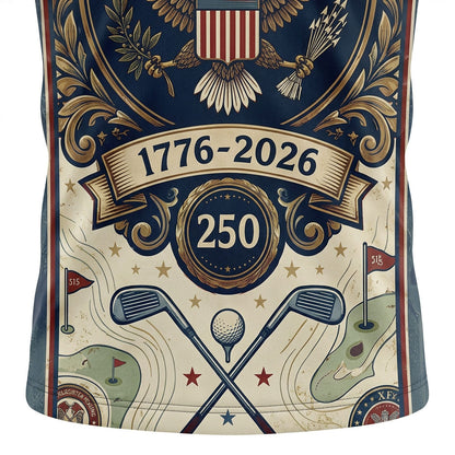 Detailed closeup of the majestic eagle emblem and 250 years embroidery on polo fabric