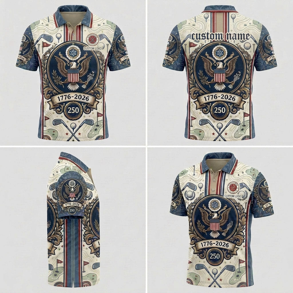 Multi-angle product display of the USA Eagle designer golf polo