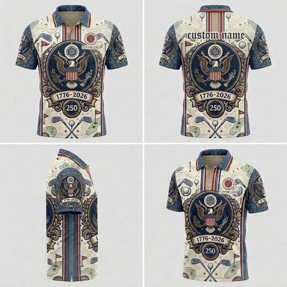 Multi-angle product display of the USA Eagle designer golf polo