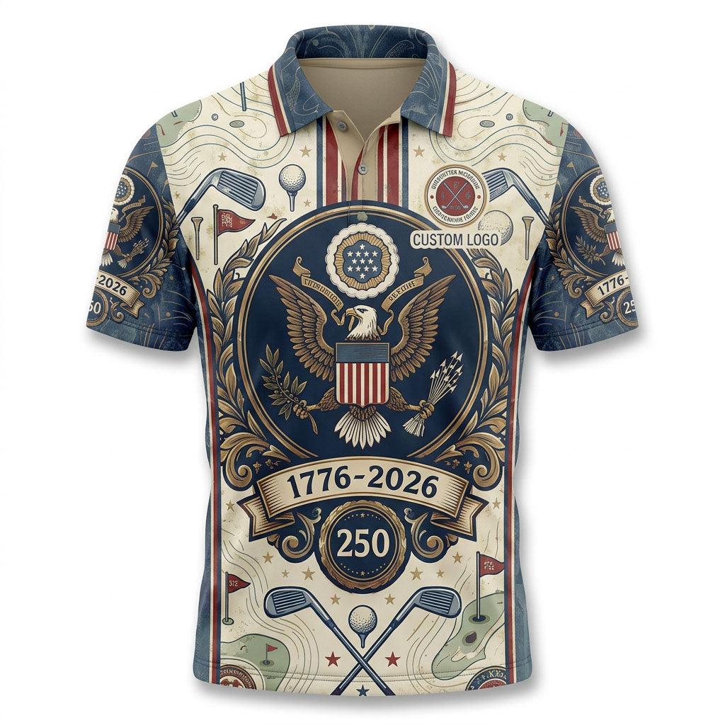 Premium flatlay layout of the commemorative 1776-2026 USA eagle golf polo