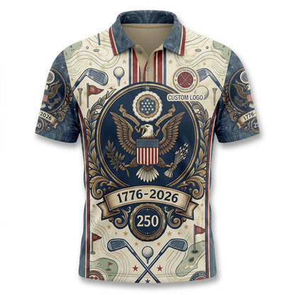 Premium flatlay layout of the commemorative 1776-2026 USA eagle golf polo