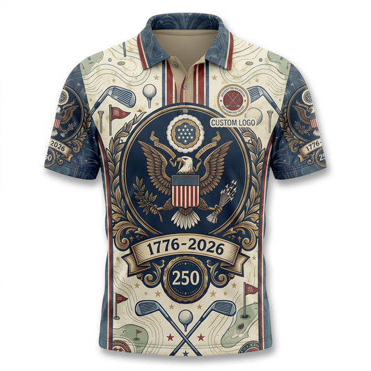 Premium flatlay layout of the commemorative 1776-2026 USA eagle golf polo