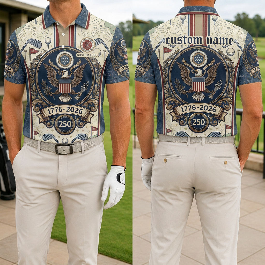 Front and back view of the USA Eagle 250th anniversary custom golf polo shirt