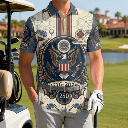 Golfer wearing the USA Eagle 250th anniversary performance polo on a golf course