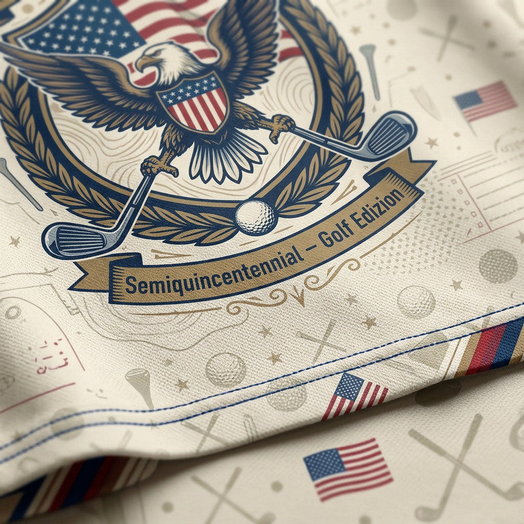 Close-up shot of the high-definition printed bald eagle crest, crossed clubs, and text reading 250 Years Semiquincentennial on a polo shirt.