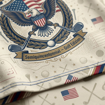 Close-up shot of the high-definition printed bald eagle crest, crossed clubs, and text reading 250 Years Semiquincentennial on a polo shirt.
