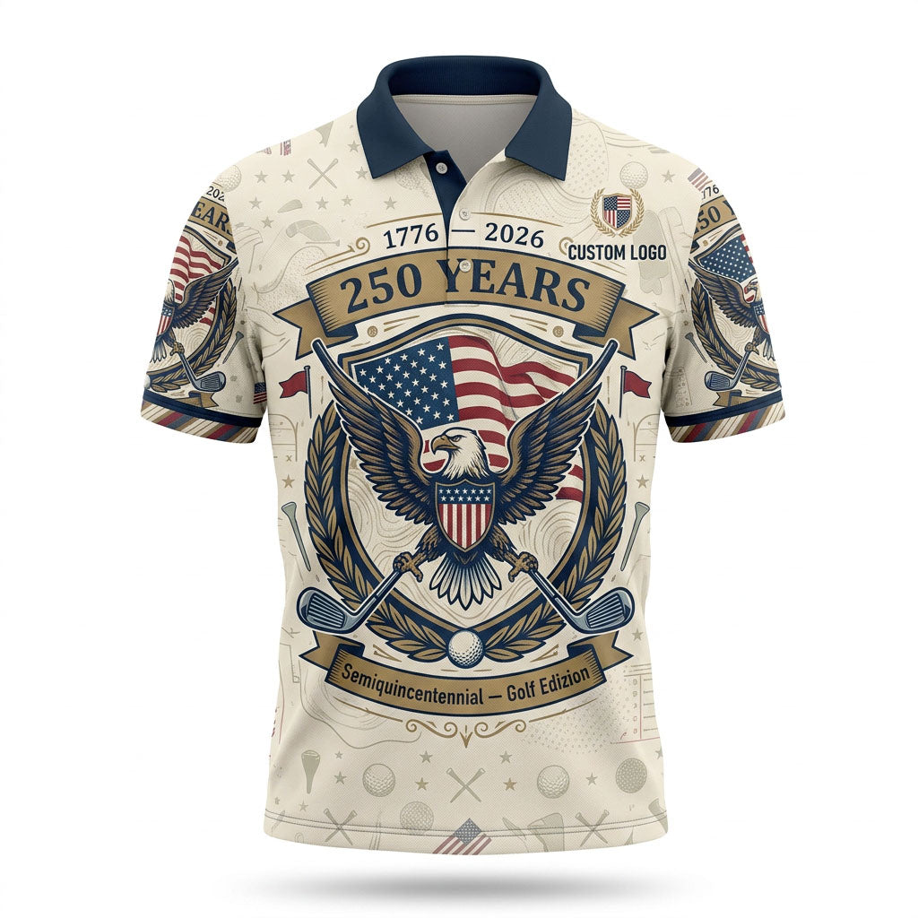 Front view of a cream and navy USA Eagle Semiquincentennial 250 Years golf polo shirt with custom player name option badge.