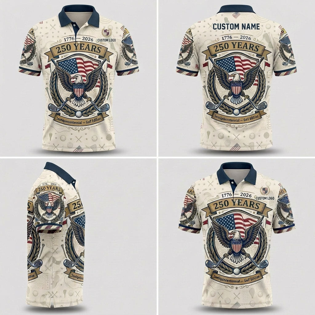 Multi-angle product display grid showcasing the front, back, sleeve emblem details, and athletic tailored fit of the polo shirt.