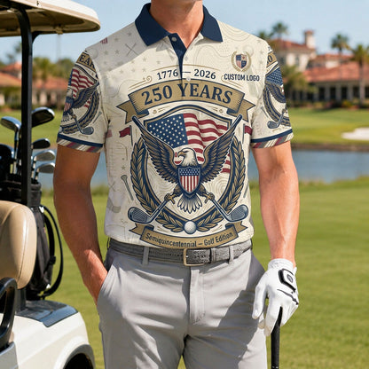 A male golfer wearing the customized USA Eagle 250 Years polo shirt standing proudly on a premium country club fairway green.